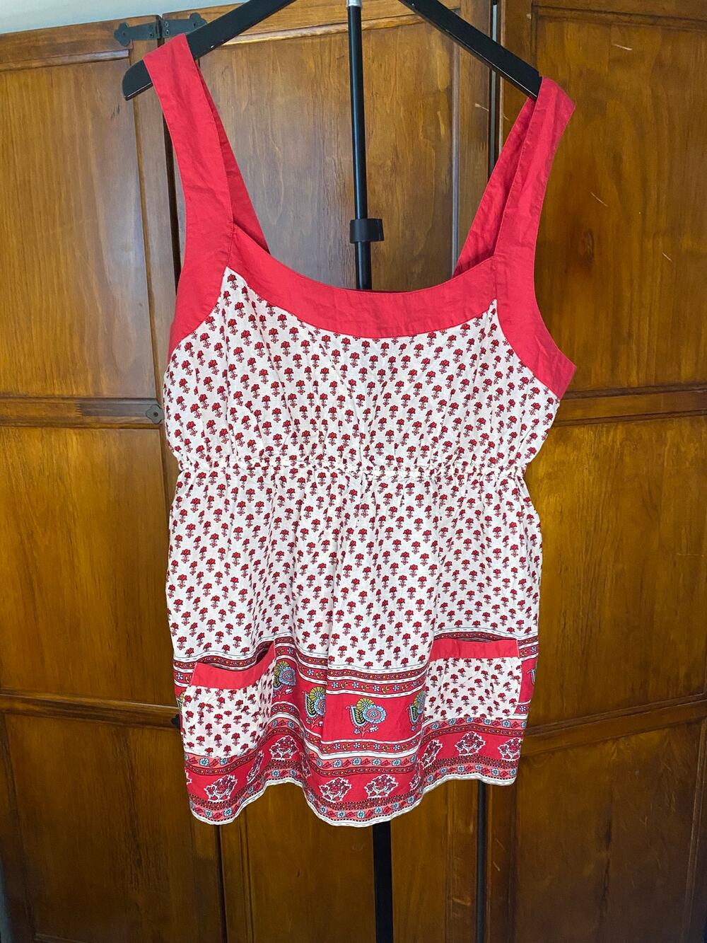 At Last Women’s M 100% Cotton Red Floral Boho Tunic Top Made in India